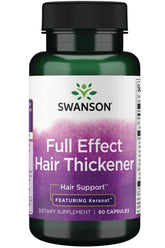 Swanson Full Effect Hair Thickener supplement bottle with 60 capsules promoting healthy hair growth.